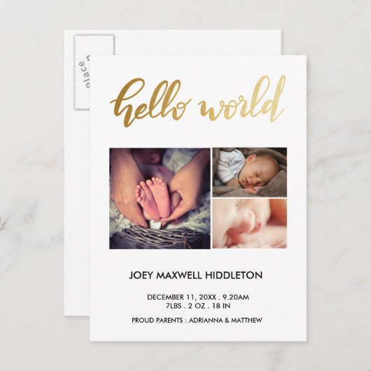 Hallo Geboorteaankondiging drie foto's Aankondigingskaart (Voorkant / Achterkant)