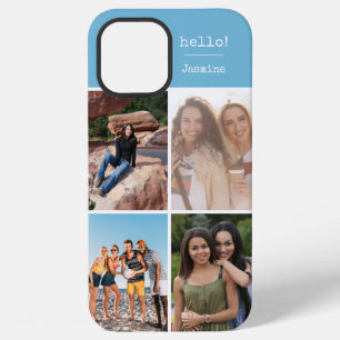 Hallo! Gepersonaliseerde 4 foto collage luchtblauw iPhone 12 Pro Max Hoesje