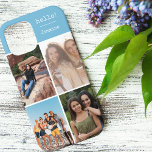 Hallo Gepersonaliseerde 4 fotocollage hemelsblauw Case-Mate iPhone Case<br><div class="desc">Creëer uw eigen aangepaste telefoonhoes voor iphone 12 pro max en vele andere modellen. Het ontwerp is voorzien van een rasterstijl fotocollage met 4 van uw favoriete foto's, jouw naam hallo en het woord De fotosjabloon staat klaar voor u om uw foto's toe te voegen en werkt met de klok...</div>
