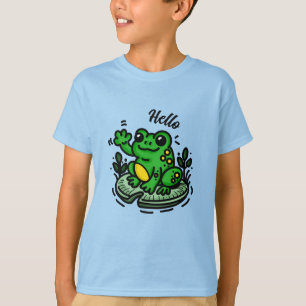 Hallo getrokken Kikker op Lily Pad Hand getrokke T-shirt