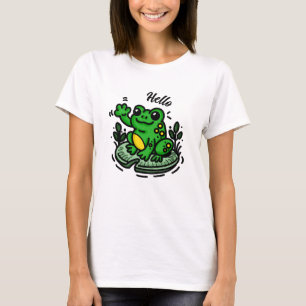 Hallo getrokken Kikker op Lily Pad Hand getrokke T-shirt