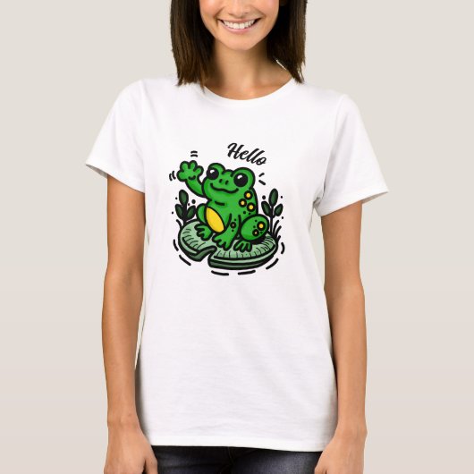 Hallo getrokken | Kikker op Lily Pad Hand getrokke T-shirt (Voorkant)