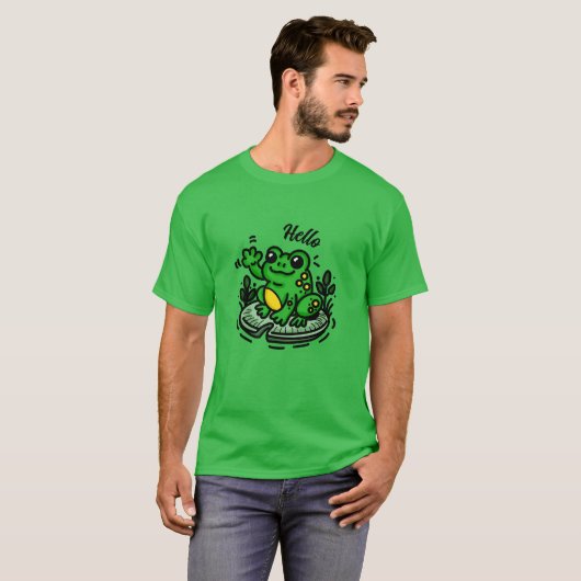 Hallo getrokken | Kikker op Lily Pad Hand getrokke T-shirt (Voorkant volledig)