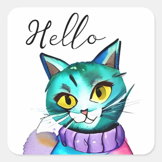 Hallo getrokken | Leuke blauwe kitty kat Vierkante Sticker (Voorkant)