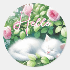 Hallo getrokken | Sweet White Kitten Napping Ronde Sticker