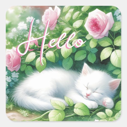 Hallo getrokken | Sweet White Kitten Napping Vierkante Sticker (Voorkant)