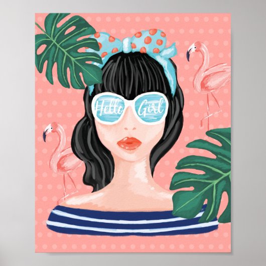 hallo Girl | Beach Beauty Retro Tropical Flamingo Poster (Voorkant)