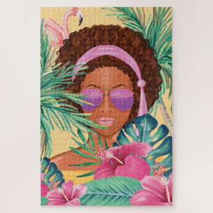 hallo Girl Beach Beauty Tropical Palm & Flamingo Legpuzzel