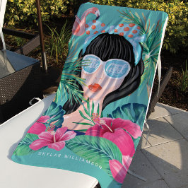 hallo Girl Beach Beauty Tropical Palm & Flamingo Strandlaken