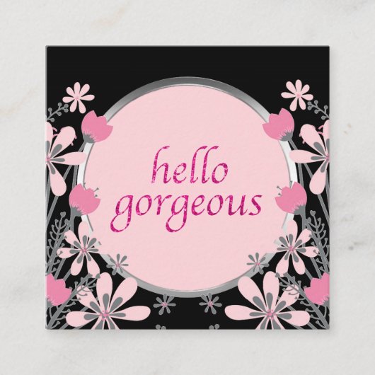 hallo | Girly Floral Pink Glitter Vierkante Visitekaartje (Voorkant)