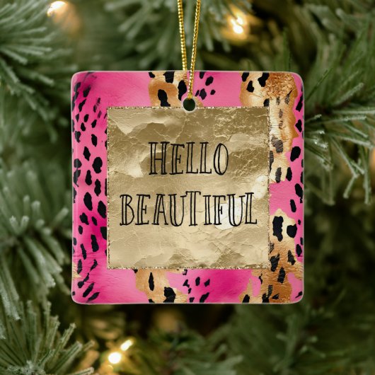 Hallo Girly Pink Glam Gold Leopard Keramisch Ornament (Boom)