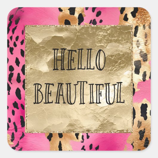 Hallo Girly Pink Glam Gold Leopard Vierkante Sticker (Voorkant)