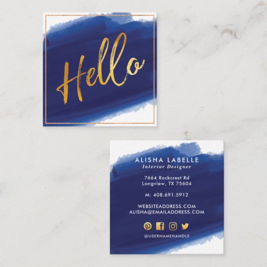 Hallo Gold Script | Navy Waterverf Brush Stroke Vierkante Visitekaartje (Voorkant / Achterkant)