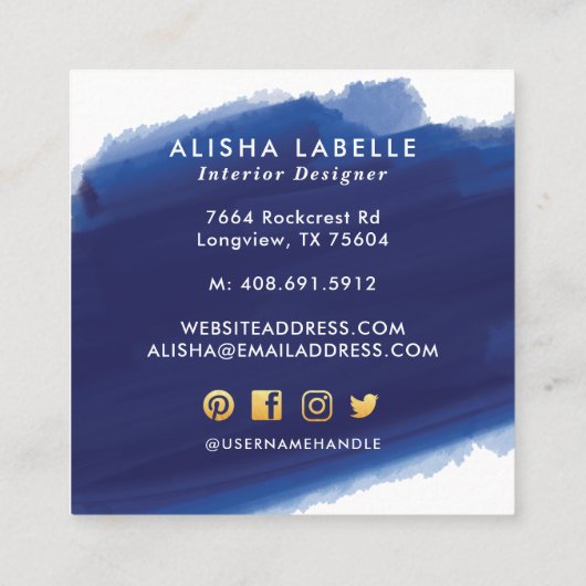 Hallo Gold Script | Navy Waterverf Brush Stroke Vierkante Visitekaartje (Achterkant)