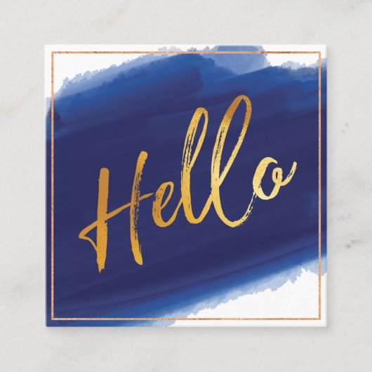 Hallo Gold Script | Navy Waterverf Brush Stroke Vierkante Visitekaartje (Voorkant)