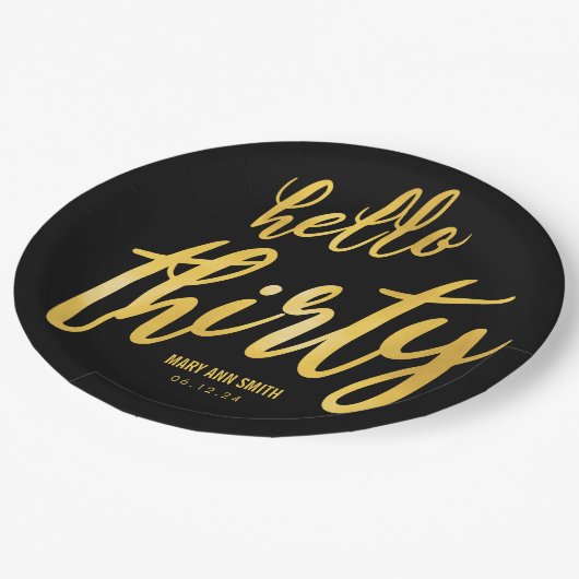 Hallo Goud Zwart "Thirty" Verjaardag w/ Naam Papieren Bordje (Gekanteld)