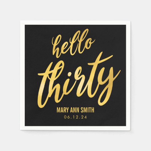 Hallo Goud Zwart "Thirty" Verjaardag w/ Naam Servet (Voorkant)
