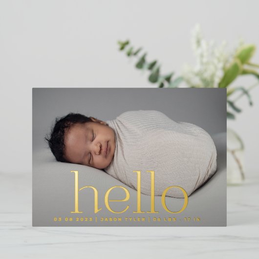 hallo gouden moderne fotogeboorteaankondiging folie uitnodiging (Staand Voorkant)