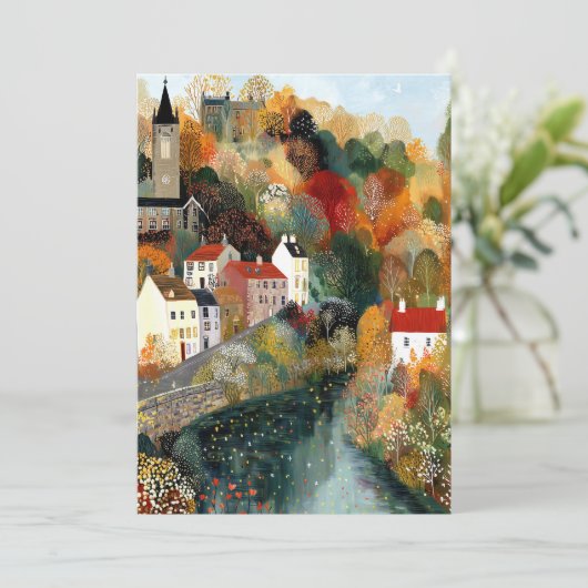 Hallo Grappige kleine stad herfstscène Kaart (Staand voorkant)