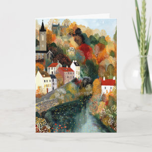 Hallo Grappige kleine stad herfstscène Kaart