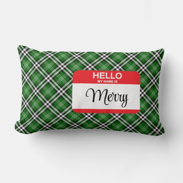 Hallo Green Plaid Mijn naam is MERRY Label Holiday Kussen (Voorkant)