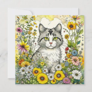 Hallo Grijs en Wit Kitty Cat Zittend in Bloemen