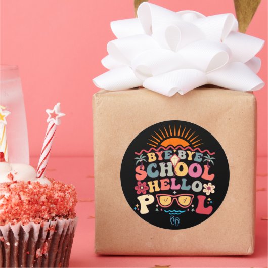 Hallo Groovy Retro Design Bye School Ronde Sticker (Feest)
