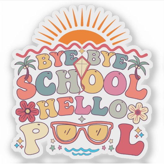 Hallo Groovy Retro Design Bye School Sticker (Voorkant)