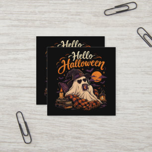 Hallo Halloween Schattig Geest Drinkt Koffie Vierkante Visitekaartje