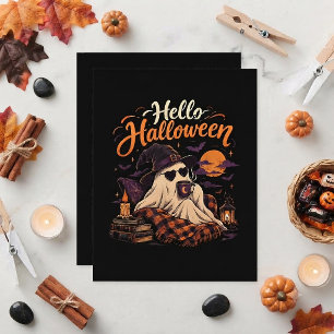 Hallo Halloween Schattig Spookje Drinkt Koffie Kaart