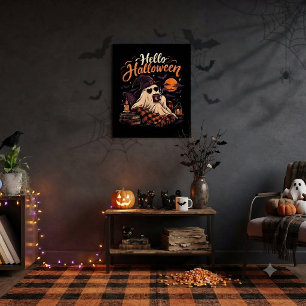 Hallo Halloween Schattig Spookje Drinkt Koffie Poster