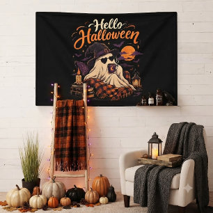 Hallo Halloween Schattig Spookje Drinkt Koffie Spandoek