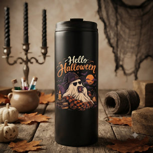 Hallo Halloween Schattig Spookje Drinkt Koffie Thermosbeker