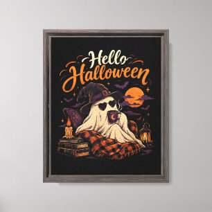 Hallo Halloween Schattig Spookje Koffie Drinken Canvas Afdruk