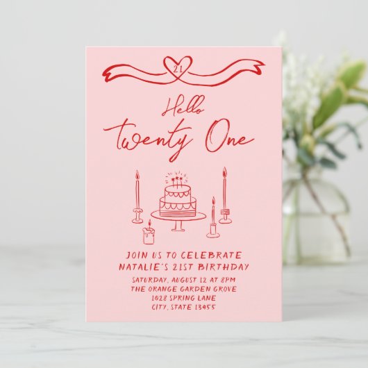 Hallo Hand getrokken roze rode taart Kaart (Staand voorkant)