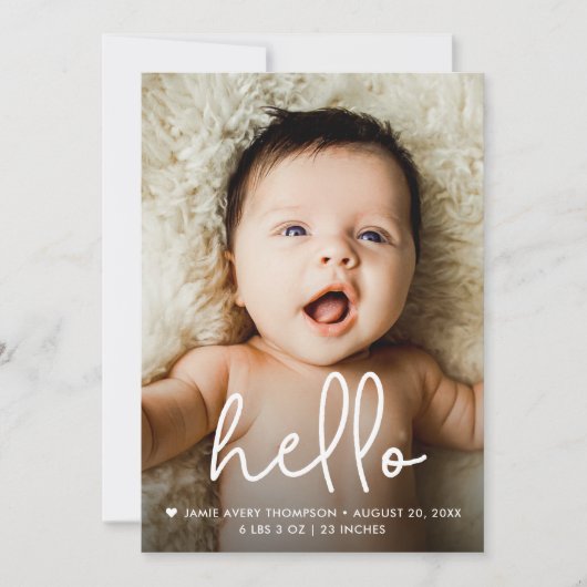 Hallo Handlettering script Baby Foto Geboorte Bedankkaart (Voorkant)