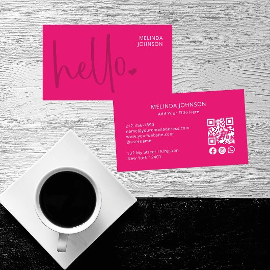 Hallo Hart Hot Pink Script QR Code Social Media Visitekaartje