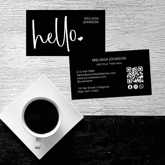 Hallo Hart Zwart Script QR Code Social Media Visitekaartje