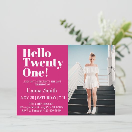 Hallo Heet roze Twenty One 21st Verjaardag Foto Kaart (Staand voorkant)