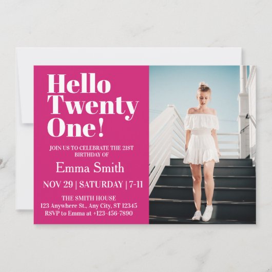 Hallo Heet roze Twenty One 21st Verjaardag Foto Kaart (Voorkant)