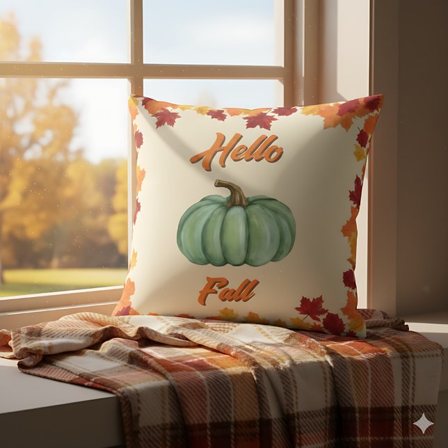Hallo Herfst - Boerderij Groene Pompoen Gezellig D Kussen (Hello Fall pillow with colorful leaves - perfect rustic accent for autumn home)