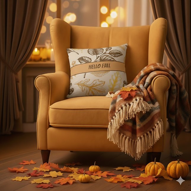 Hallo Herfst bruin Sinaasappel bladeren - Boerderi Kussen (Rustic fall décor pillow featuring bold autumn leaves for farmhouse charm.)
