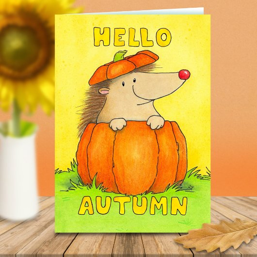 Hallo Herfst Egel in Pompoen Groet Kaart