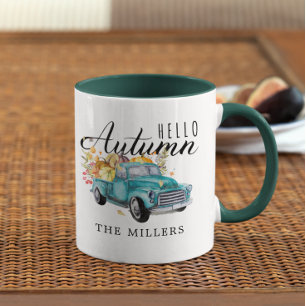 Hallo Herfst   Gepersonaliseerde Oogsttruck Vintag Mok