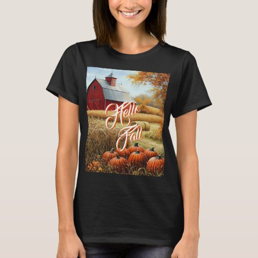 Hallo Herfst Herfst Thanksgiving Plattelandsschuur T-shirt (Voorkant)