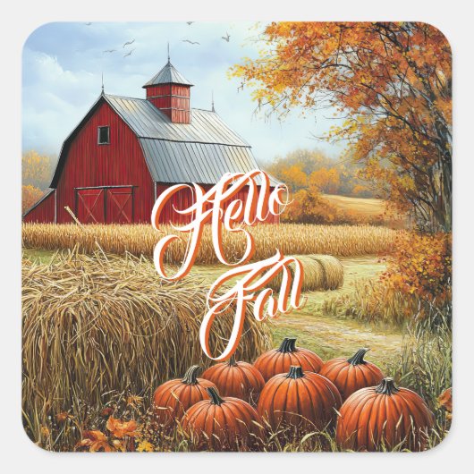 Hallo Herfst Herfst Thanksgiving Plattelandsschuur Vierkante Sticker (Voorkant)