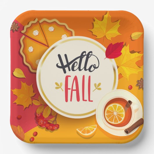 Hallo Herfst herfstbladeren en pompoentaart Papieren Bordje (Voorkant)