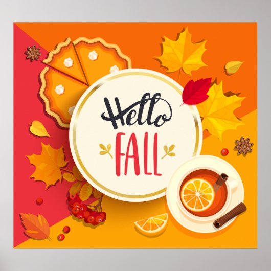 Hallo Herfst herfstbladeren en pompoentaart Poster (Voorkant)