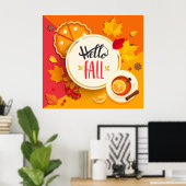 Hallo Herfst herfstbladeren en pompoentaart Poster (Thuiskantoor)