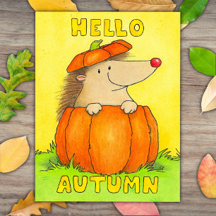 Hallo Herfst - Knuffelige Egel in een Pompoen Briefkaart